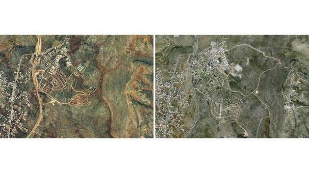 (L) An aerial view shows the Israeli settlement of Ofra in the occupied West Bank as seen in 1997. (R) The same view as seen in 2014. Most of the international community sees the settlements established in the West Bank after Israel captured the territory in 1967 Middle East war as illegal and major obstacles to Israeli-Palestinian peace, a view Israel disputes. (Peace Now / Handout via REUTERS) (L) An aerial view shows the Israeli settlement of Ofra in the occupied West Bank as seen in 1997. (R) The same view as seen in 2014. Most of the international community sees the settlements established in the West Bank after Israel captured the territory in 1967 Middle East war as illegal and major obstacles to Israeli-Palestinian peace, a view Israel disputes. (Peace Now / Handout via REUTERS)
