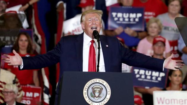 President Donald Trump speaks at a campaign rally in Fayetteville, N.C., Monday, Sept. 9, 2019. (AP Photo/Chris Seward) (AP) President Donald Trump speaks at a campaign rally in Fayetteville, N.C., Monday, Sept. 9, 2019. (AP Photo/Chris Seward) (AP)