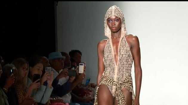 This Sept. 8, 2019 photo taken from video shows the latest fashion by LaQuan Smith being modeled during Fashion Week in New York, Sunday, Sept. 8, 2019. (AP Photo/Aron Ranen)(AP)