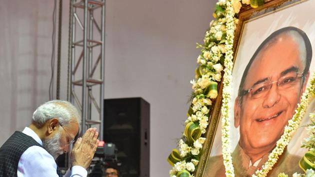 New Delhi: Prime Minister Narendra Modi pays tribute to former finance minister Arun Jaitley during a prayer ceremony, in New Delhi on September 2019. (PTI) New Delhi: Prime Minister Narendra Modi pays tribute to former finance minister Arun Jaitley during a prayer ceremony, in New Delhi on September 2019. (PTI)
