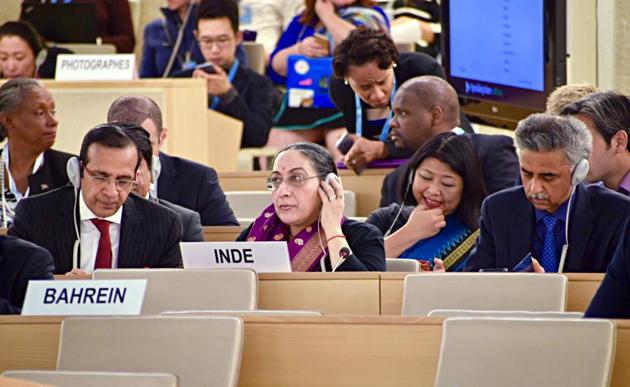 Secretary (East) MEA, Vijay Thakur Singh (C) at the UNHRC in Geneva on Tuesday. (ANI Photo)