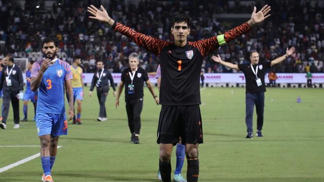 India's Gurpreet Singh Sandhu reacts after the match against Qatar.(REUTERS) India's Gurpreet Singh Sandhu reacts after the match against Qatar.(REUTERS)