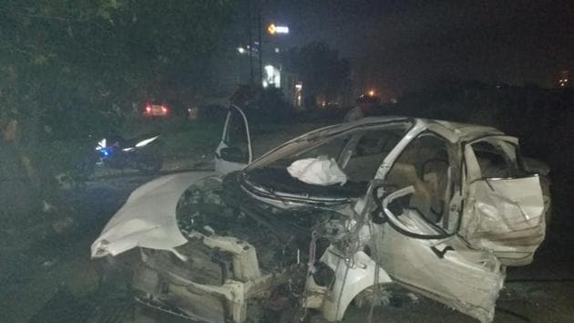 The mangled remains of the Maruti Swift Dzire car that overturned near Sherpur Chowk on Wednesday (HT PHOTO) The mangled remains of the Maruti Swift Dzire car that overturned near Sherpur Chowk on Wednesday (HT PHOTO)
