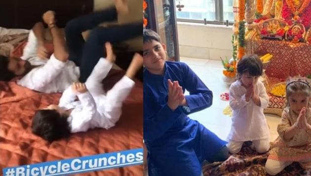 Taimur performing bicycle crunches with Armaan Jain and posing for the camera with Kiaan and Roohi. (right)