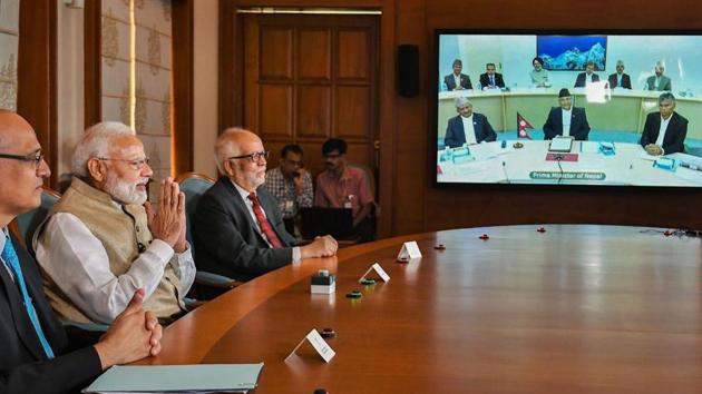 Prime Minister Narendra Modi during the inauguration of the cross-border petroleum products pipeline. (PTI) Prime Minister Narendra Modi during the inauguration of the cross-border petroleum products pipeline. (PTI)