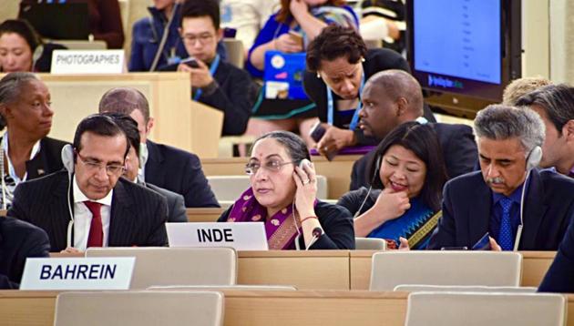 Switzerland, September 10 (ANI): Secretary (East) MEA, Vijay Thakur Singh (C) at the UNHRC in Geneva on Tuesday. ()(ANI Photo)