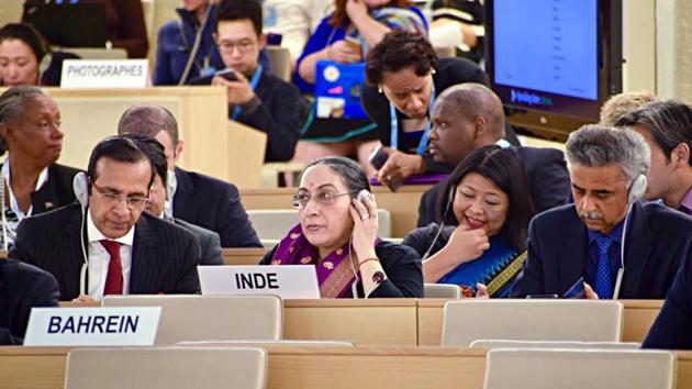 Secretary (East) MEA, Vijay Thakur Singh (C) at the UNHRC in Geneva on Tuesday. (ANI Photo)