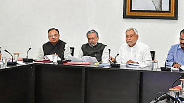 Bihar CM Nitish Kumar and his deputy Sushil Modi at an official meeting in Patna on Wednesday, Sept 12, 2019.(HT Photo)