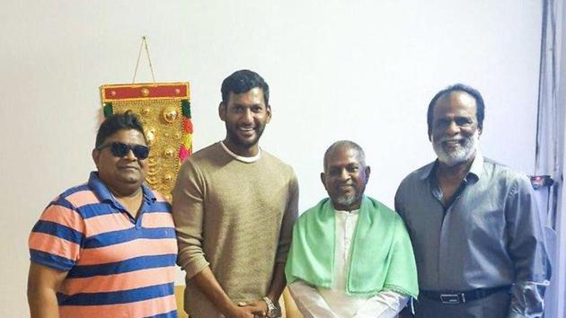 Actor Vishal and filmmakwr Mysskin met Illayaraja to sign him for their upcoming project, Thu[[arivaalan 2. (Twitter) Actor Vishal and filmmakwr Mysskin met Illayaraja to sign him for their upcoming project, Thu[[arivaalan 2. (Twitter)
