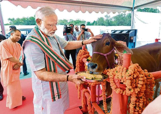 Prime Minister Narendra Modi feeds a cow as he visits the animal health fair “Pashu Vigyan Evam Arogya Mela” in Mathura.(PIB)