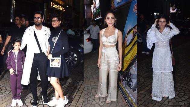 Ayushmann Khurrana with his family, Nushrat Bharucha and Sana Fatima Shaikh at Dream Girl screening in Mumbai.(Varinder Chawla)