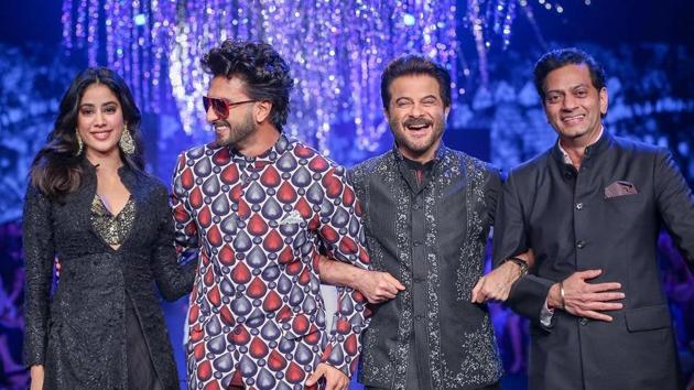 Raghavendra Rathore walks the ramp with Jahnavi Kapoor, Ranveer Singh and Anil Kapoor. Rathore has dressed the likes of Sonam Kapoor, Saif Ali Khan, Ranbir Kapoor, among others, has understood the dynamics of the fashion industry ahead of the curve and understood the scope of scalability.(Instagram/ Raghavendra Rathore)