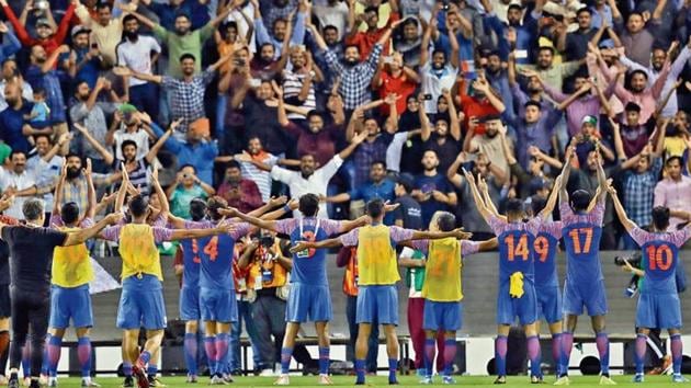 India players acknowledge their fans who struggled to get into the stadium despite having tickets as complaints of mismanagement poured in after the match at Jassim Bin Hamad Stadium, Doha.(Reuters)