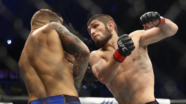 Khabib Nurmagomedov fights Dustin Poirier at UFC 242, in Yas Mall in Abu Dhabi.(AP)