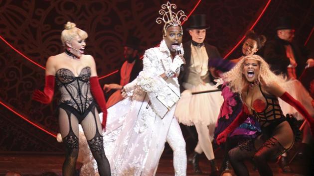 This Sept. 9, 2019 photo shows actor-singer Billy Porter, center, performing at the "The Blonds x Moulin Rouge!" show during Fashion Week in New York. (AP Photo/Ragan Clark)(AP)