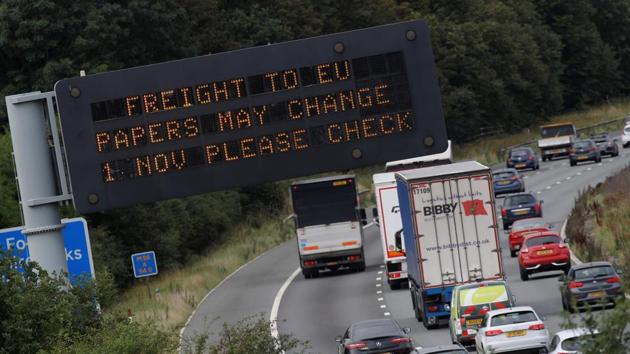 Vehicles pass beneath a sign warning of possible changes to freight procedures following Brexit on the M56 motorway near Chester, Britain, September 12, 2019. REUTERS/Phil Noble(REUTERS)