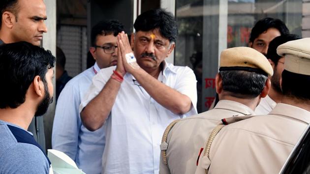 Karnataka Congress leader DK Shivakumar outside ED office while going to Rouse Avenue Court in New Delhi on Friday. (ANI Photo) Karnataka Congress leader DK Shivakumar outside ED office while going to Rouse Avenue Court in New Delhi on Friday. (ANI Photo)