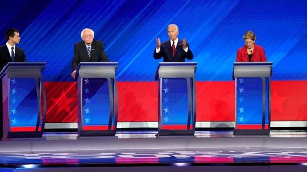 Former Vice President Joe Biden speaks as South Bend Mayor Pete Buttigieg, Senator Bernie Sanders, Senator Elizabeth Warren and Senator Kamala Harris listen during the 2020 Democratic US presidential debate in Houston, Texas, US, September 12, 2019. (REUTERS FILE) Former Vice President Joe Biden speaks as South Bend Mayor Pete Buttigieg, Senator Bernie Sanders, Senator Elizabeth Warren and Senator Kamala Harris listen during the 2020 Democratic US presidential debate in Houston, Texas, US, September 12, 2019. (REUTERS FILE)