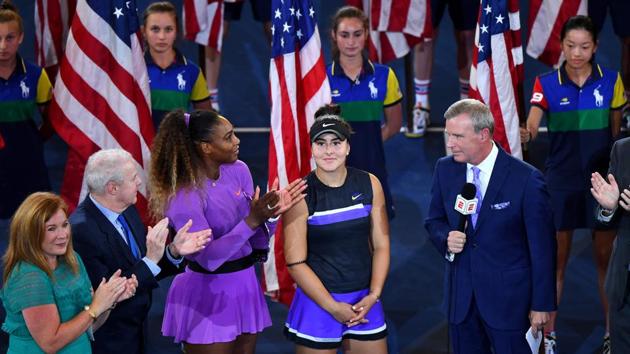 Bianca Andreescu (2R) of Canada is interviewed after she won against Serena Williams (3rd L) of the US after the Women’s Singles Finals match at the 2019 US Open at the USTA Billie Jean King National Tennis Center in New York. (Johannes Eisele / AFP) Bianca Andreescu (2R) of Canada is interviewed after she won against Serena Williams (3rd L) of the US after the Women’s Singles Finals match at the 2019 US Open at the USTA Billie Jean King National Tennis Center in New York. (Johannes Eisele / AFP)