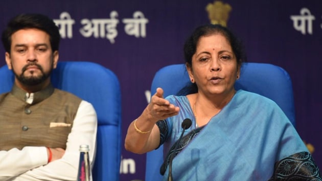 As Nirmala Sitharaman responded to a barrage of questions on the stimulus that could cost the exchequer Rs 80,000 crore, there was one question that asked Sitharaman how she would describe the current state of the economy.(raj K Raj/ HT Photo)