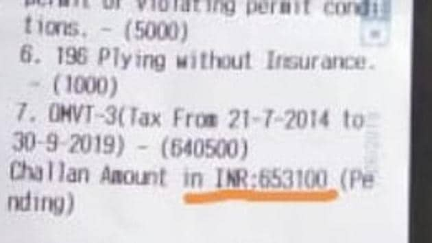 Photo of the challan for <span class='webrupee'>?</span>6.45 lakh issued in Odisha’s Sambalpur to a truck registered in Nagaland(HT Photo, Sourced)