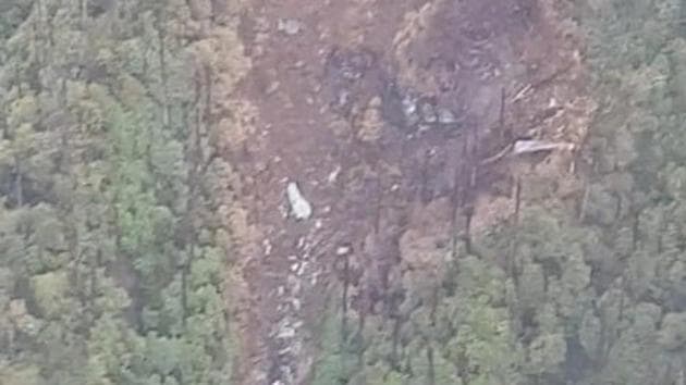 The wreckage of the AN-32 aircraft of the Indian Air Force in the mountains of Siang district of Arunachal Pradesh.(ANI photo/Twitter)