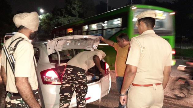 Punjab Police checking vehicles at a special naka in Mohali.