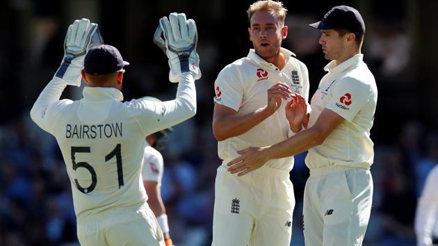 England's Stuart Broad celebrates taking the wicket of Australia's Marcus Harris.(Action Images via Reuters)