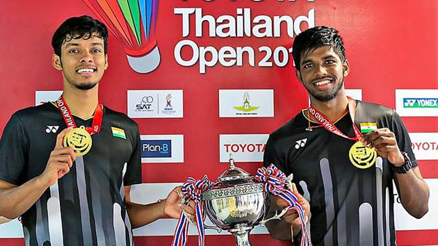 Satwiksairaj Rankireddy and Chirag Shetty pose with their medals and trophy after winning the Thailand Open 2019. (PTI) Satwiksairaj Rankireddy and Chirag Shetty pose with their medals and trophy after winning the Thailand Open 2019. (PTI)