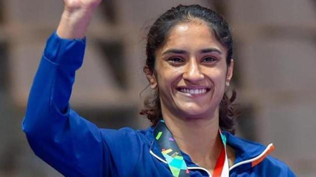 India's Vinesh Phogat poses during the medal presentation ceremony.(PTI)