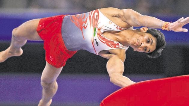 Ashish Kumar of India competes in the Vault during the Men's All-Around Final.(Getty Images)