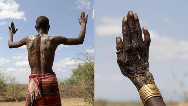 (L) A Turkana warrior prays to gods after a cleansing ceremony as they found footprints of Nyangatom warriors around their settlement. (R) Turkana Chief Eipa Choro raises his hand as he prays to gods. Chief Eipa Choro, 74, said the community felt abandoned by the government; clean water from an aid group’s borehole was two hours’ drive away. The nearest police station was several hours away over dusty tracks. (Goran Tomasevic / REUTERS) (L) A Turkana warrior prays to gods after a cleansing ceremony as they found footprints of Nyangatom warriors around their settlement. (R) Turkana Chief Eipa Choro raises his hand as he prays to gods. Chief Eipa Choro, 74, said the community felt abandoned by the government; clean water from an aid group’s borehole was two hours’ drive away. The nearest police station was several hours away over dusty tracks. (Goran Tomasevic / REUTERS)