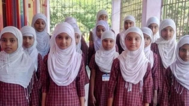 Students of the East Point Public School in Kanishail are seen in hijab. (Facebook)