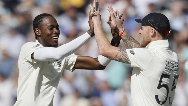 England's Jofra Archer celebrates with England's Ben Stokes after taking the wicket of Australia's Marnus Labuschagne.(AP) England's Jofra Archer celebrates with England's Ben Stokes after taking the wicket of Australia's Marnus Labuschagne.(AP)