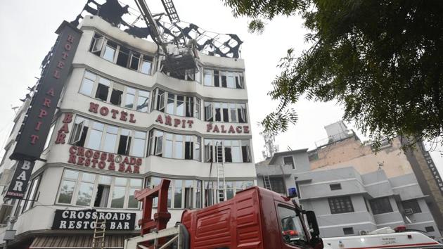 In the Arpit Hotel incident, the emergency exit was found closed.(HT PHOTO.)