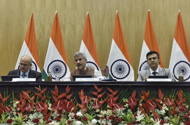 Minister of External Affairs, S Jaishankar, addresses the media on the completion of first 100 days of Modi government, New Delhi, September 17 (Sanjeev Verma/HT PHOTO) Minister of External Affairs, S Jaishankar, addresses the media on the completion of first 100 days of Modi government, New Delhi, September 17 (Sanjeev Verma/HT PHOTO)