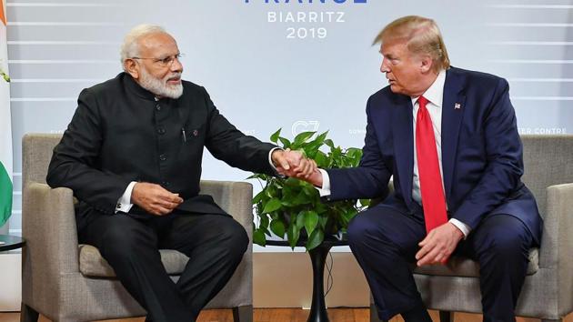 Prime Minister Narendra Modi with US President Donald Trump during a bilateral meeting in the sidelines of G-7 summit in Biarritz, France in August.(PM Office) Prime Minister Narendra Modi with US President Donald Trump during a bilateral meeting in the sidelines of G-7 summit in Biarritz, France in August.(PM Office)