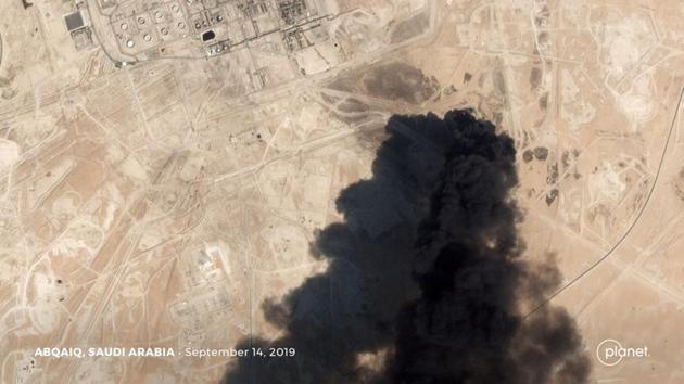 A satellite image shows an apparent drone strike on an Aramco oil facility in Abqaiq, Saudi Arabia September 14, 2019.(Planet Labs Inc via REUTERS)