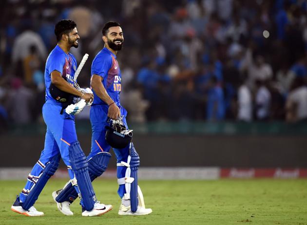 Indian captain Virat Kohli and Shreyas Iyer after winning the 2nd T20I match against South Africa in Mohali. (PTI) Indian captain Virat Kohli and Shreyas Iyer after winning the 2nd T20I match against South Africa in Mohali. (PTI)