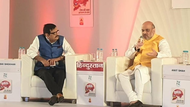 Home minister Amit Shah answered critics over the language row in Ranchi, Jharkhand while addressing the day long Hindustan Purvoday 2019 summit.(HT Photo) Home minister Amit Shah answered critics over the language row in Ranchi, Jharkhand while addressing the day long Hindustan Purvoday 2019 summit.(HT Photo)