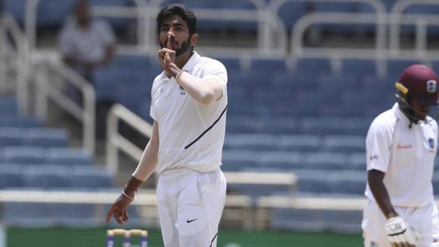 India's Jasprit Bumrah celebrates taking the wicket of West Indies' Jermaine Blackwood during day four of the second Test cricket match at Sabina Park cricket ground in Kingston.(AP)