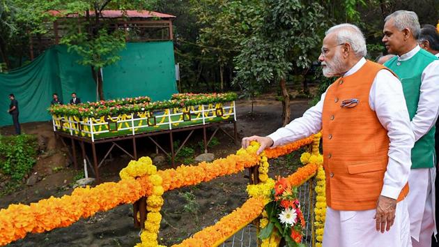 Kevadia: Prime Minister Narendra Modi visits the river rafting sports facility and inspects ongoing work at Jungle Safari on the occasion of his 69th birthday, in Kevadia, Tuesday, Sept. 17, 2019. Gujarat Governor Acharya Dev Vrat and Chief Minister Vijay Rupani are also seen. (PTI) Kevadia: Prime Minister Narendra Modi visits the river rafting sports facility and inspects ongoing work at Jungle Safari on the occasion of his 69th birthday, in Kevadia, Tuesday, Sept. 17, 2019. Gujarat Governor Acharya Dev Vrat and Chief Minister Vijay Rupani are also seen. (PTI)