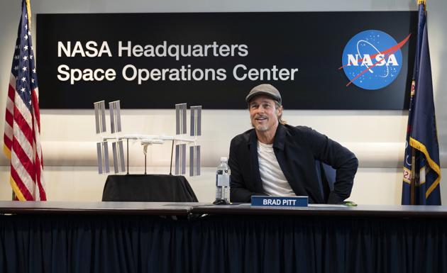 Brad Pitt speaks with NASA astronaut Nick Hague who is on board the International Space Station. (AFP) Brad Pitt speaks with NASA astronaut Nick Hague who is on board the International Space Station. (AFP)