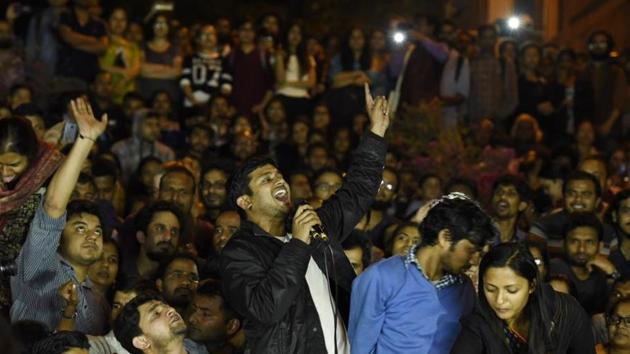 FormerJNU students’ union president Kanhaiya Kumar and others have been charged with sedition for allegedly raising anti-national slogans during an event in February 9, 2016.(ht archive)
