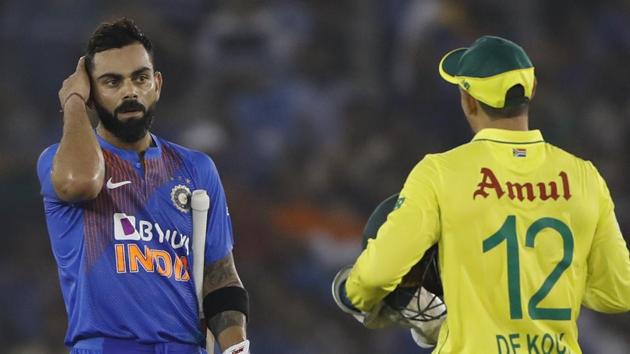 India's captain Virat Kohli, left, and South Africa's captain Quinton de Kock, right, approach to greet each other after India won the second T20 international match in Mohali, India, Wednesday, Sept. 18, 2019. (AP) India's captain Virat Kohli, left, and South Africa's captain Quinton de Kock, right, approach to greet each other after India won the second T20 international match in Mohali, India, Wednesday, Sept. 18, 2019. (AP)