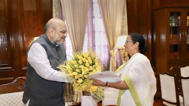 West Bengal Chief Minister Mamata Banerjee meets Home Minister Amit Shah at his office, at North Block in New Delhi(PTI Photo)