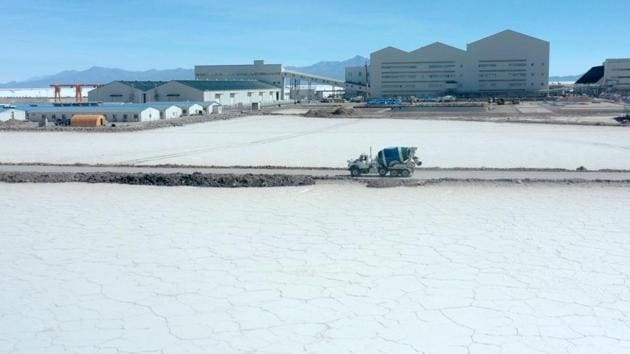 YLB teamed up last year with German company ACI Systems to help develop the Uyuni complex. It’s part of a plan to form strategic partnerships that “bring their technology and guarantee outlets,” said Condoretty. The joint venture will manufacture electric-vehicle batteries in Bolivia for the European market. Bolivia said earlier this year that Uyuni alone likely has at least 21 million metric tons of lithium, more than double previous estimates. (Pablo Cozzaglio / AFP)