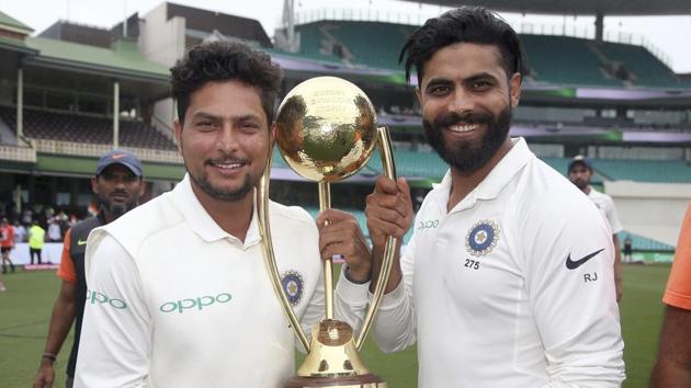 Kuldeep Yadav and Ravindra Jadeja with the Border-Gavaskar Trophy. (AP) Kuldeep Yadav and Ravindra Jadeja with the Border-Gavaskar Trophy. (AP)