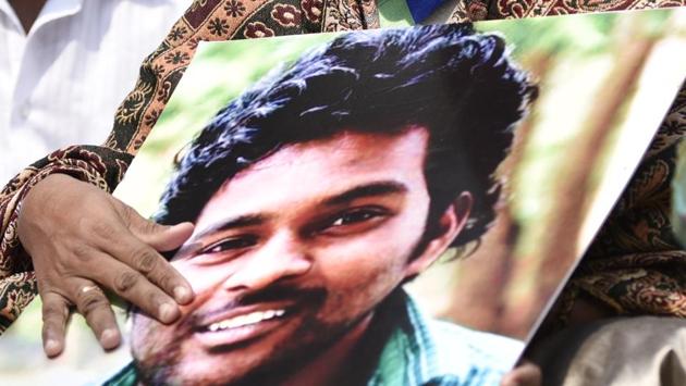 File photo of Rohith Vemula's mother Radhika at a protest in New Delhi.(HT File Photo)