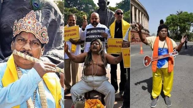 TDP leader Sivaprasad used to dress up like mythological and historical characters while protesting outside the Parliament before 2014 polls (HT photos)
